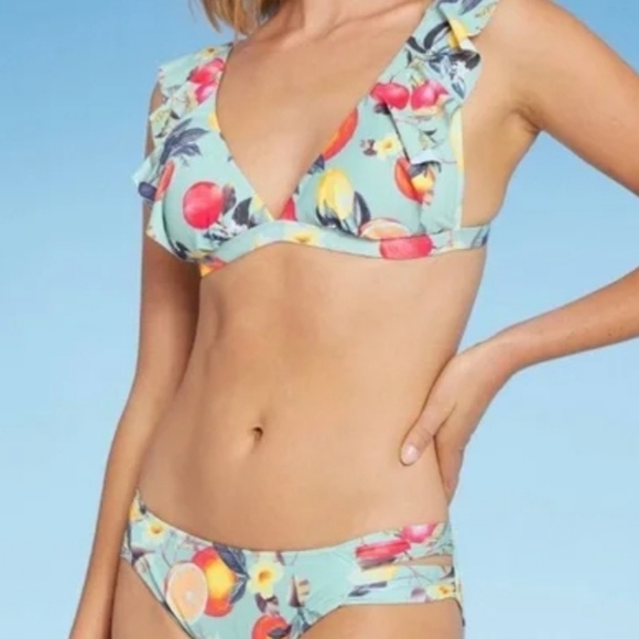 Kona Sol Soft Ruffle Bralette & Double tab Hipster Bikini Floral Fruit Print M - Picture 1 of 14